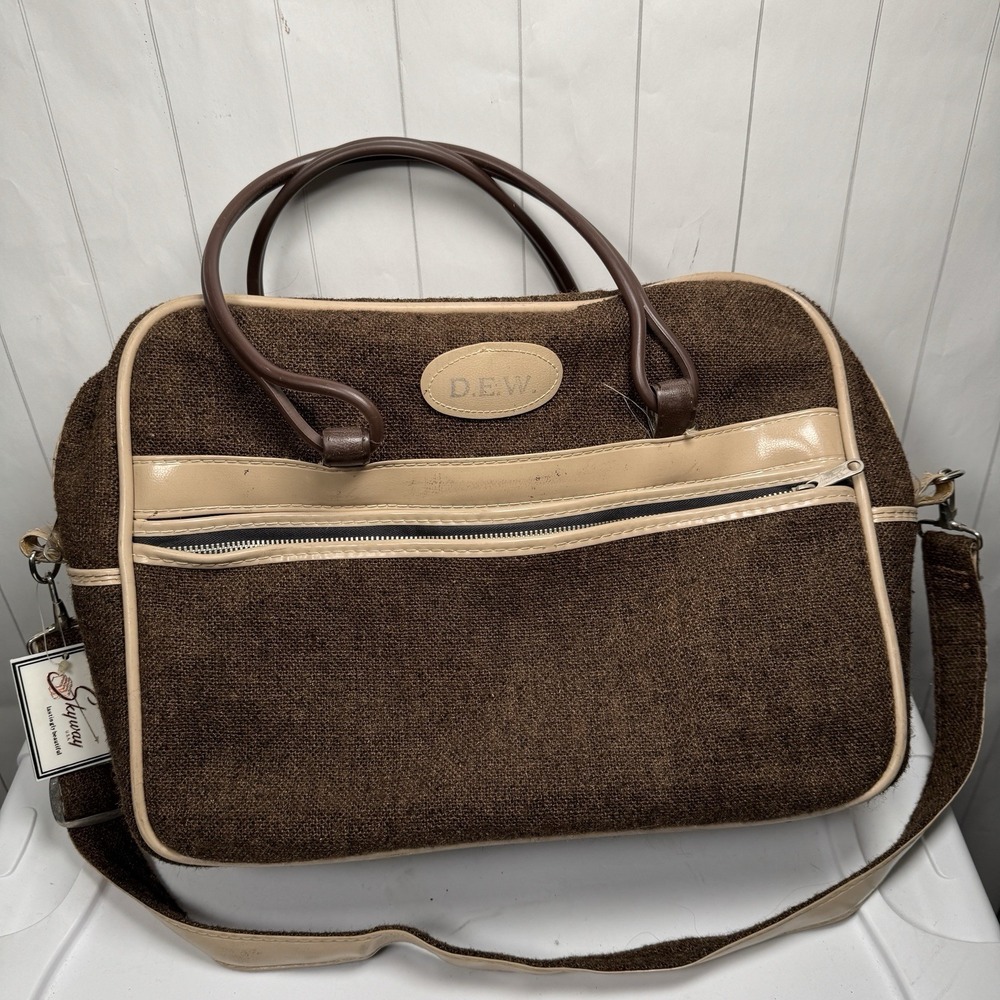 VTG 70s Skyway D.E.W. Brown Tweed Luggage Bag Classy Overnight Travel Carry On